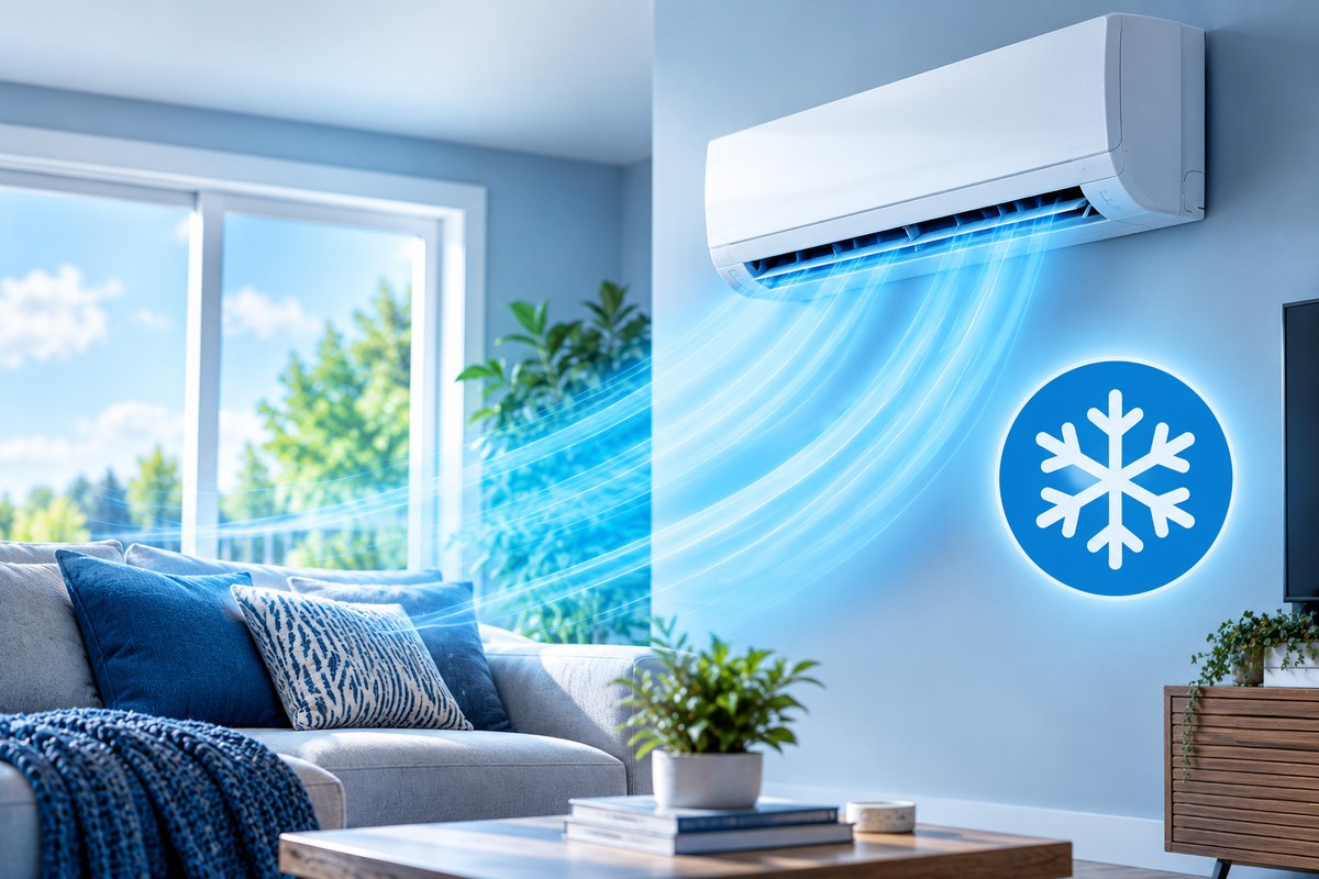 Wall-mounted air conditioner cooling a bright living room