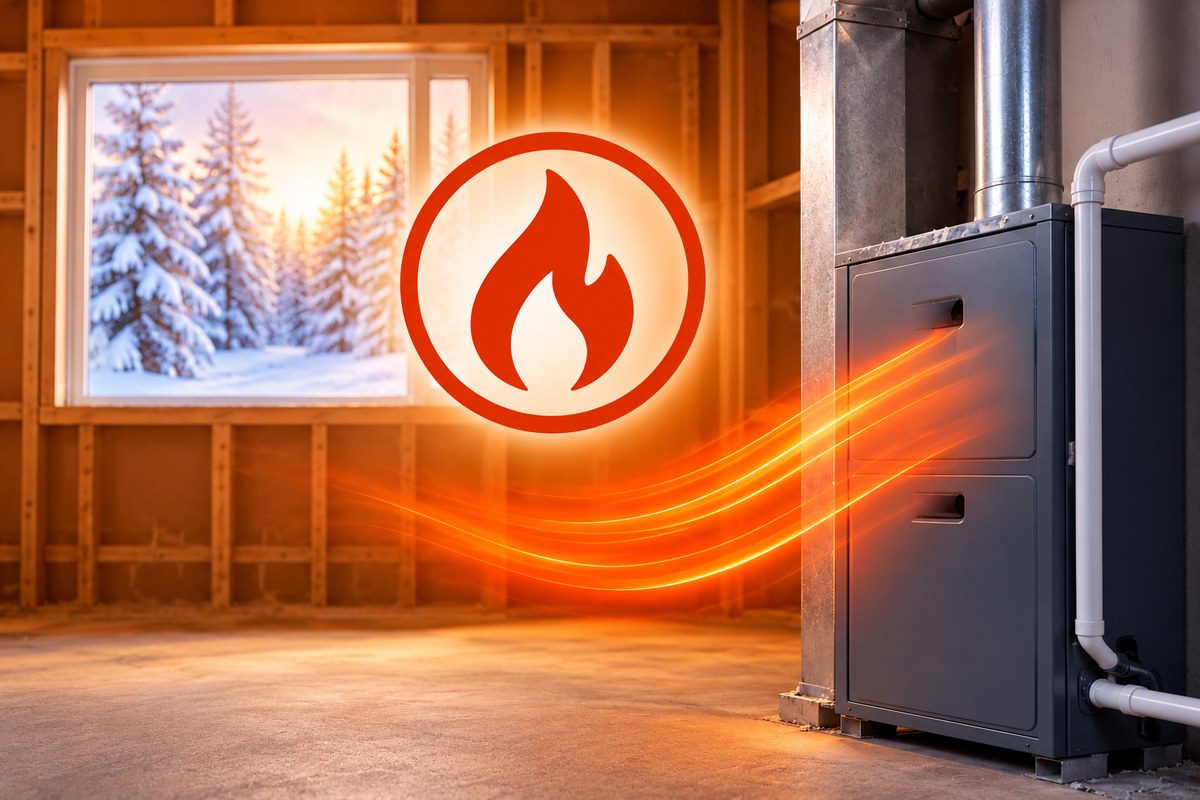 Gas furnace in a home with warm air flowing and a snowy window view