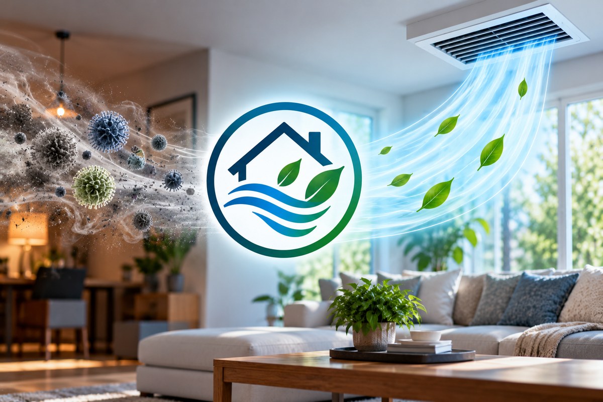 Clean fresh air flowing from a ceiling vent into a bright living room
